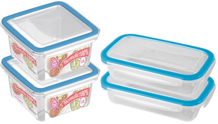 4x Voedsel plastic bewaarbakjes 0,5 en 1,5 liter transparant/blauw - Vershoudbakjes