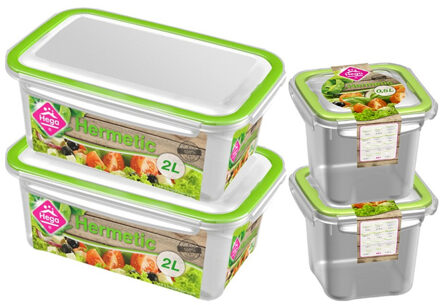 4x Voedsel plastic bewaarbakjes 0,5 en 2 liter transparant/groen - Vershoudbakjes