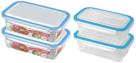 4x Voedsel plastic bewaarbakjes 0,75 en 1,5 liter transparant/blauw - Vershoudbakjes
