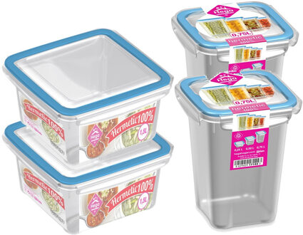 4x Voedsel plastic bewaarbakjes 0,75 en 1,5 liter transparant/blauw - Vershoudbakjes