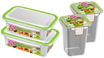 4x Voedsel plastic bewaarbakjes 0,75 en 1,5 liter transparant/groen - Vershoudbakjes