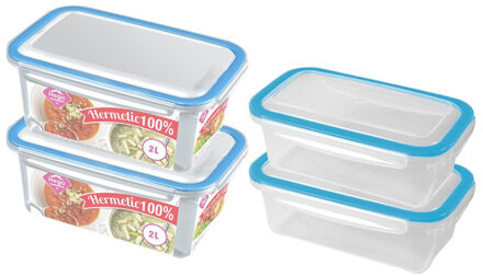 4x Voedsel plastic bewaarbakjes 0,75 en 2 liter transparant/blauw - Vershoudbakjes