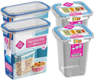 4x Voedsel plastic bewaarbakjes 0,75 en 2 liter transparant/blauw - Vershoudbakjes