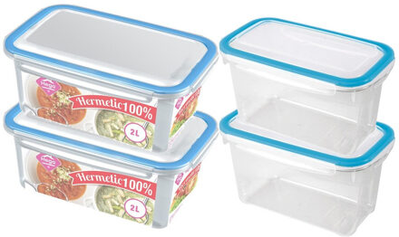 4x Voedsel plastic bewaarbakjes 1,2 en 2 liter transparant/blauw - Vershoudbakjes