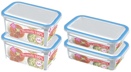 4x Voedsel plastic bewaarbakjes 1,5 en 2,5 liter transparant/blauw - Vershoudbakjes