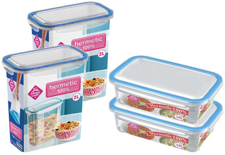 4x Voedsel plastic bewaarbakjes 1,5 en 2 liter transparant/blauw - Vershoudbakjes