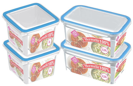 4x Voedsel plastic bewaarbakjes 2,5 en 2 liter transparant/blauw - Vershoudbakjes