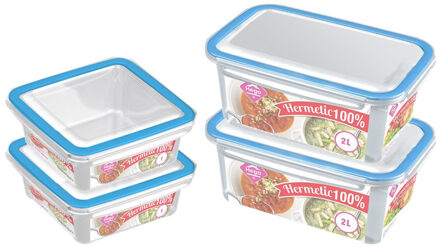 4x Voedsel plastic bewaarbakjes 2 en 1 liter transparant/blauw - Vershoudbakjes