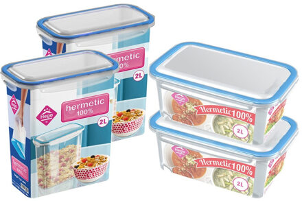 4x Voedsel plastic bewaarbakjes 2 liter transparant/blauw - Vershoudbakjes