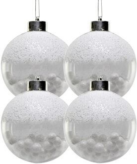 4x Witte kunststof kerstballen met sneeuwballetjes 8 cm - Kerstbal