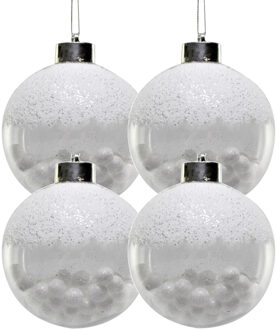 4x Witte kunststof kerstballen met sneeuwballetjes 8 cm