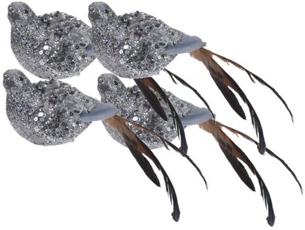 4x Zilveren decoratie vogeltjes/vogels op clip 25 cm