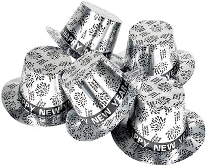 4x Zilveren hoeden Happy New Year - Oud en Nieuw Feesthoedjes
