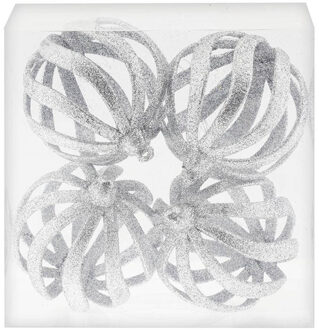 4x Zilveren open draad kerstballen met glitters kunststof 8 cm