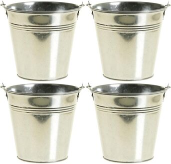 4x Zinken emmertjes/bloempotjes zilver 16 cm hoog