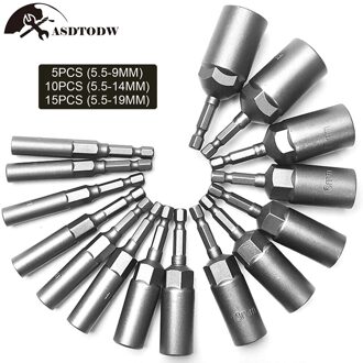 5/10/15Pcs 80Mm Lengte Verdiepen Power Moer Driver Boor Set 5.5-19Mm impact Socket Adapter Voor Power Tools 6.35Mm Hex Shank 15stk(5.5-19mm)