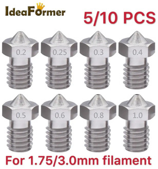 5/10pcs V6 Stainless Steel Nozzle 0.2/0.25/0.3/0.4/0.5/0.6/0.8/1.0mm M6 Threaded for 1.75/3.0mm Filament 3D Printer Print Head