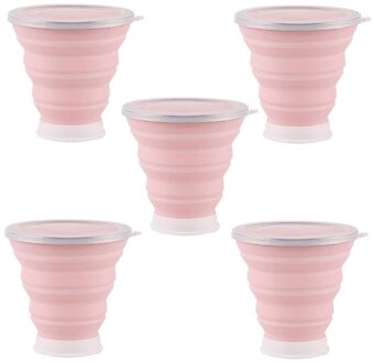 5/15Pcs 320Ml Silicone Travel Cup Inklapbare Koffie Cups Candy Kleur Vouwen Thee Cup Met Stofdichte Cover outdoor Sport Copos roze 5stk