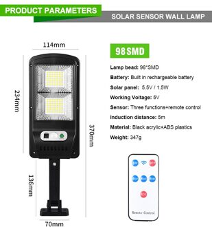 5.5V/2.5W Outdoor Solar Light Led Afstandsbediening Inductie Muur Licht Straat Licht IP65 Waterdichte Multi-mode Solar Flood Lamp 98 SMD