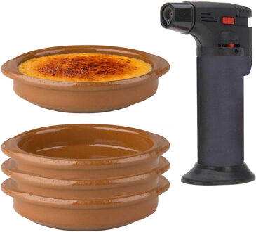 5-Delige creme brulee set met bruine schaaltjes en een grijze brander