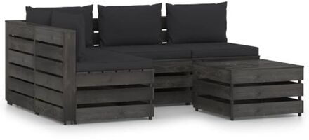 5-delige Loungeset met kussens grijs geïmpregneerd hout Zwart