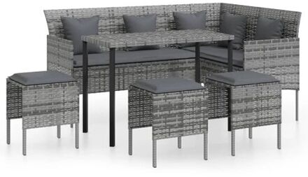 5-delige Loungeset met kussens L-vormig poly rattan grijs