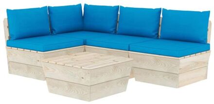 5-delige Loungeset met kussens pallet vurenhout Blauw