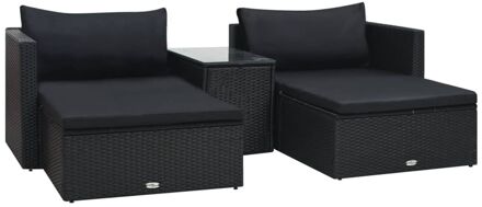 5-delige Loungeset met kussens poly rattan zwart