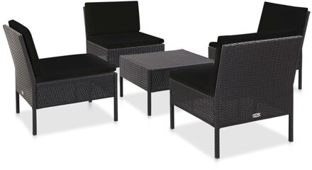 5-delige Loungeset met kussens poly rattan zwart