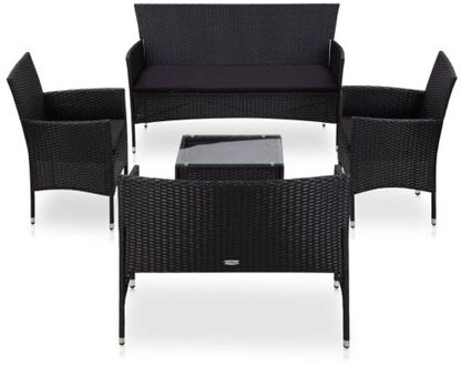 5-delige Loungeset met kussens poly rattan zwart