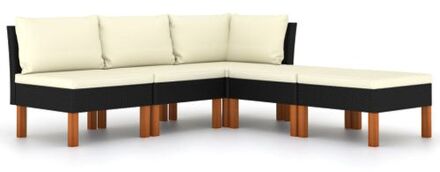 5-delige Loungeset met kussens poly rattan zwart