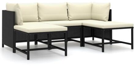 5-delige Loungeset met kussens poly rattan zwart