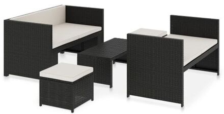 5-delige Loungeset met kussens poly rattan zwart