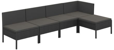 5-delige Loungeset met kussens poly rattan zwart