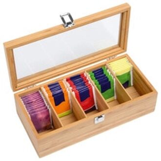 5-grid Natuurlijke Hout Thee Caddies Thee Tas Multifunctionele Opbergdoos met Acryl Glas Venster Suiker Packet Container Opslag