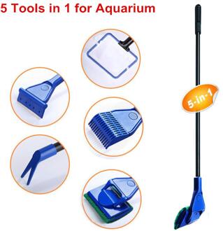 5 In 1 Aquarium Cleaning Tools Aquarium Tank Schoon Set Fish Net Grindhark Algen Schraper Vork Spons Borstel Glas cleaner