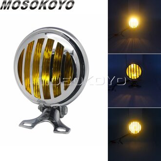 5 Inch Universele Vintage Motorcycle Head Lamp Lampenkap Grill Cover Bracket Masker Mount Koplamp Voor Harley Cafe Racer Bobber chroom geel