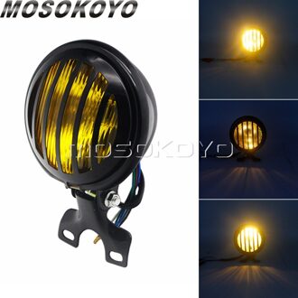 5 Inch Universele Vintage Motorcycle Head Lamp Lampenkap Grill Cover Bracket Masker Mount Koplamp Voor Harley Cafe Racer Bobber zwart geel