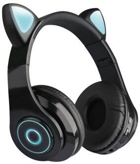 5 Kleuren Led Lichten Cat Ear Noise Cancelling Hoofdtelefoon Bluetooth 5.0 Jongeren Kids Bedrade Headset 3.5Mm Plug Met mic zwart