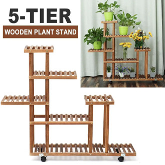 5 Layers Wooden Plant Flower Rack With 4 Wheels Plants Shelf Flower Stand Shelves Bonsai Display Shelf Yard Garden Outdoor Decor