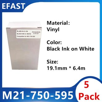 5 Pack M21 750 595 Vinyl Label Lint Zwart Op Wit Voor BMP21 Plus Printer M21-750-595 19.1Mm * 6.4M