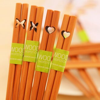 5 Pairs CreativeTableware Leuke Hart Vlinder Uitsparing Milieuvriendelijke Anti-slip Eetstokjes Natuurlijke Hout Spitse Neus Eetstokjes