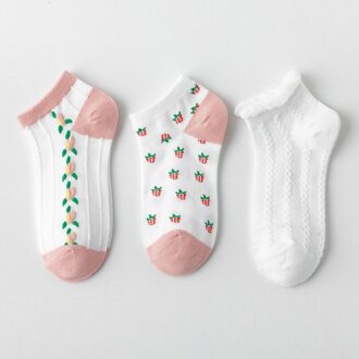 5 Pairs Pack Cartoon Fruit Bloemen Gedrukt Sokken Vrouwen Set Enkel Korte Katoen Casual Mode Straat Grappige Kawaii Vrouwelijke Sox B 3 pairs