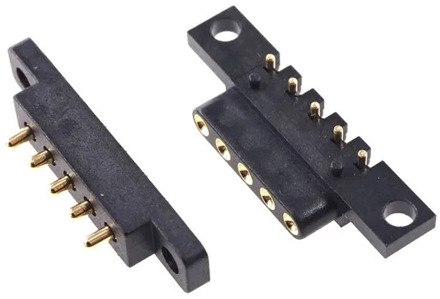 5 pairs Pogo Pin 5 Pin Spring Loaded Connector 2.54 mm Pitch Through Holes Flange Panel Mount Single Row Strip Female Male Probe