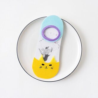 5 Pairs Zomer Cartoon Leuke Dier Kat Korte Sokken Grappige Vrouwelijke Snoep Kleur Kristal Zijde Boot Sokken Onzichtbare Sok geel