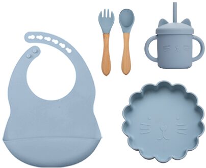 5 Pcs Baby Spullen Baby Training Siliconen Servies Set Peuter Diner Plaat Met Zuignap Zachte Draagbare Kids Mini Vork lepel blauw