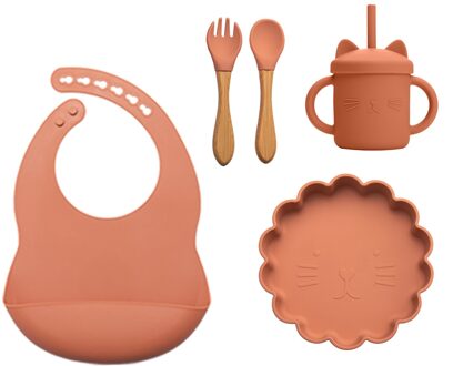 5 Pcs Baby Spullen Baby Training Siliconen Servies Set Peuter Diner Plaat Met Zuignap Zachte Draagbare Kids Mini Vork lepel oranje