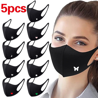 5 Pcs Black Washable Face Mask Anti Dust Pollution Mouth Mask Letter Print Outdoor Reusable Cotton Adult Mouth Muffle Respirator