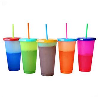 5 Pcs Herbruikbare Magic Plastic Temperatuur Kleur Veranderende Koude Cup Zomer Water Drinken Mok Met Rietjes Set Voor Party Club cup 1stk willekeurig kleur