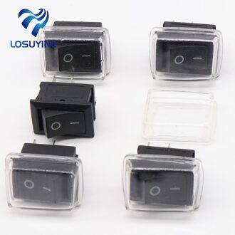 5 stks/partij Black Push Button Mini Schakelaar 6A-10A 110 V 250 V 2Pin Snap-in On/Off Rocker schakelaar 21 MM * 15 MM met waterdichte hoes Zwart